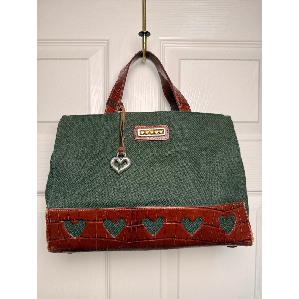 Brighton One World Vintage Green w Leather Heart Tote Bag Plaid Lining Dust Bag